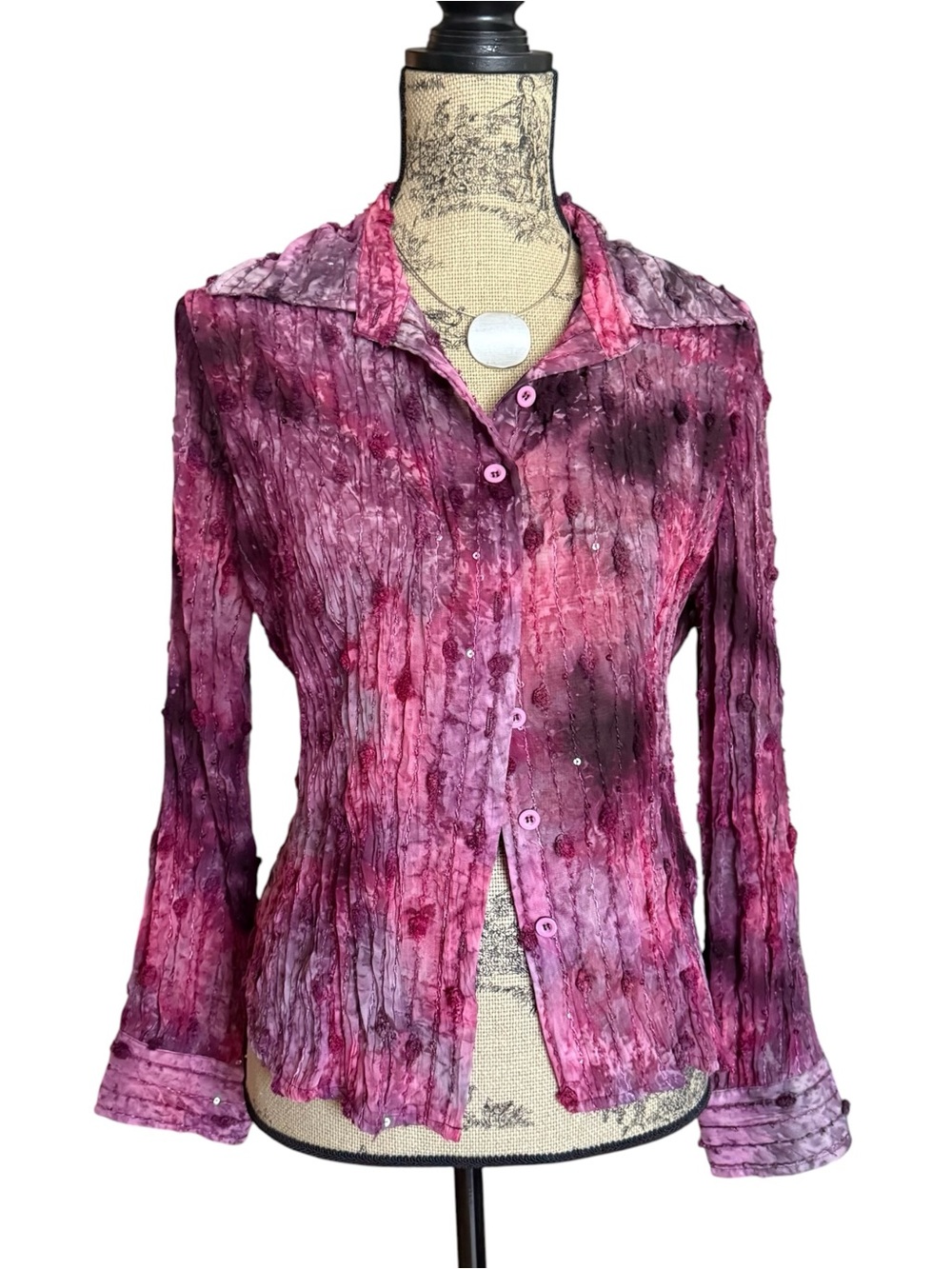 Y2K Crinkled Pink Button-Up Top with Sequins Size L